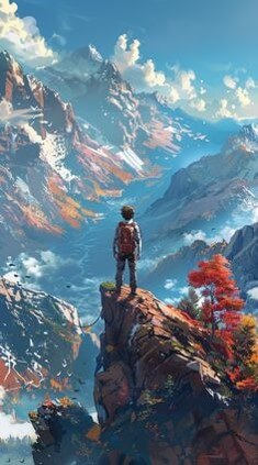 온갖-단품이-물든-산-정상에-올라서서-아래를-내려다보는-등산객