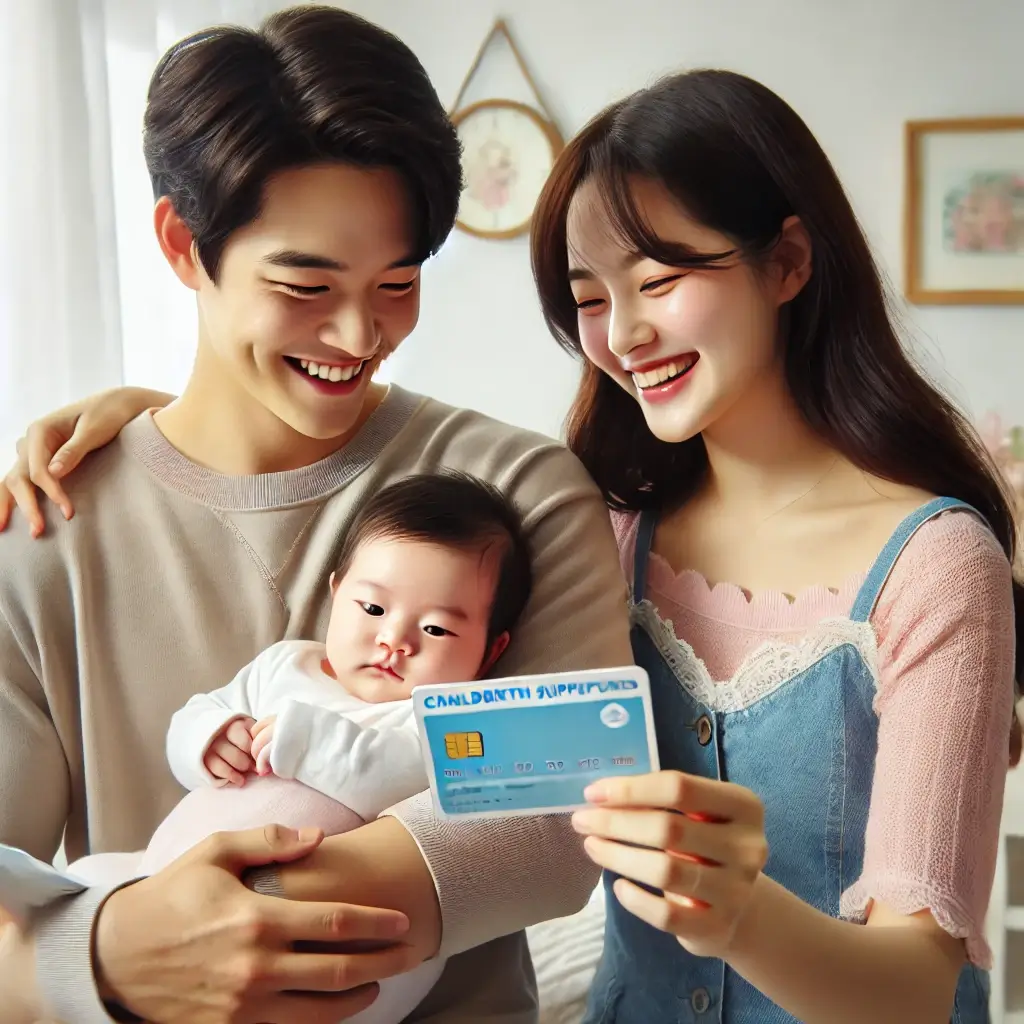 젊은 부부가 아기를 보며 서로 웃고 있는 모습