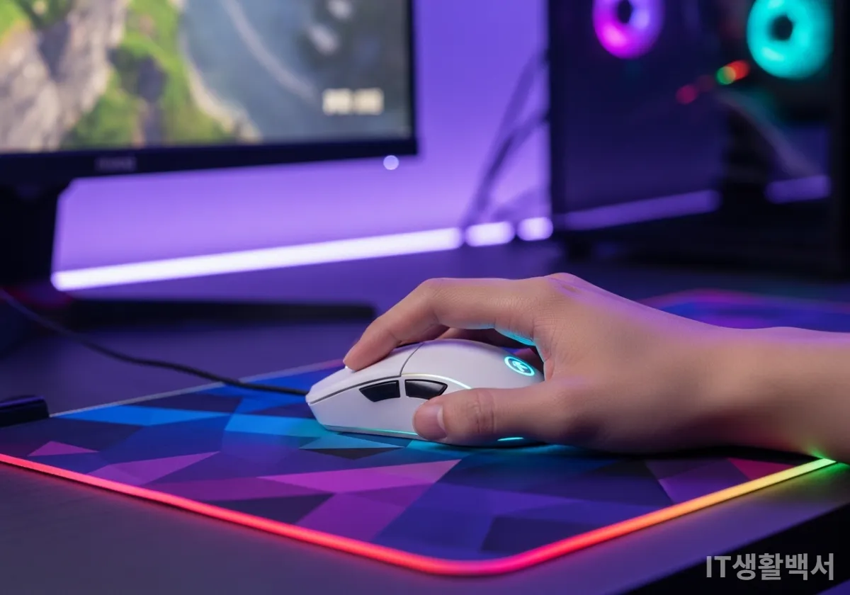 RGB 조명이 빛나는 마우스패드 위에 놓인 초경량 무선 게이밍 마우스와 게임을 즐기는 모습