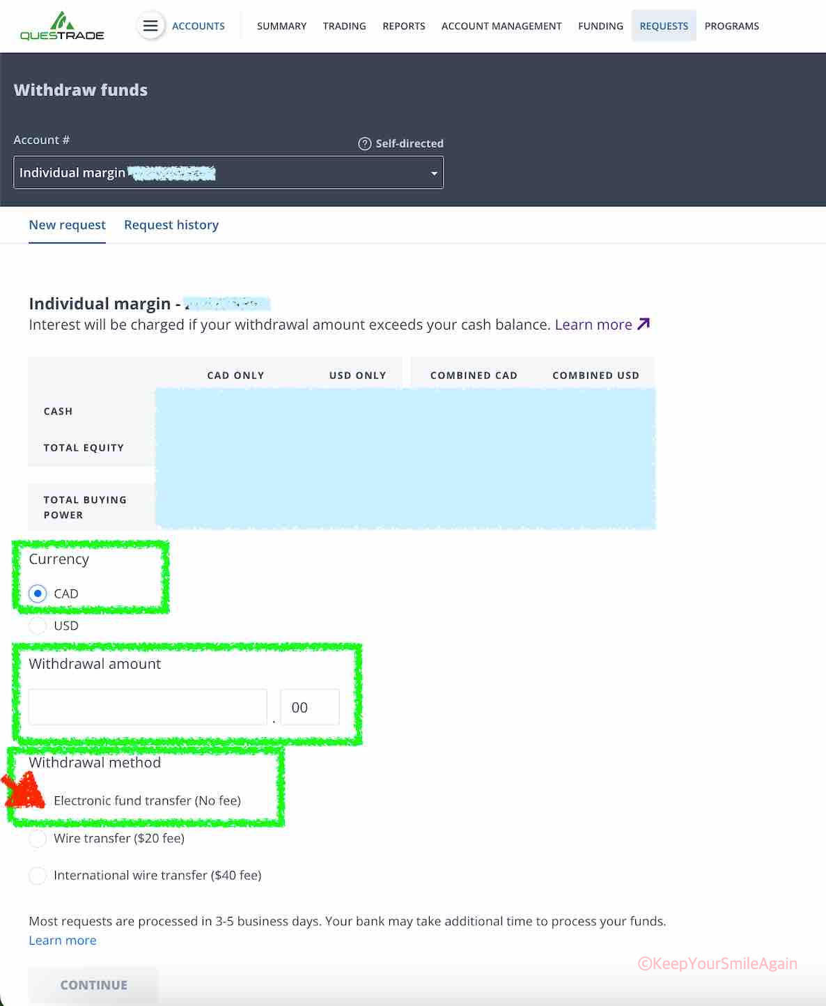퀘스트레이드에서 주식계좌에서 일반계좌로 무료 송금하기