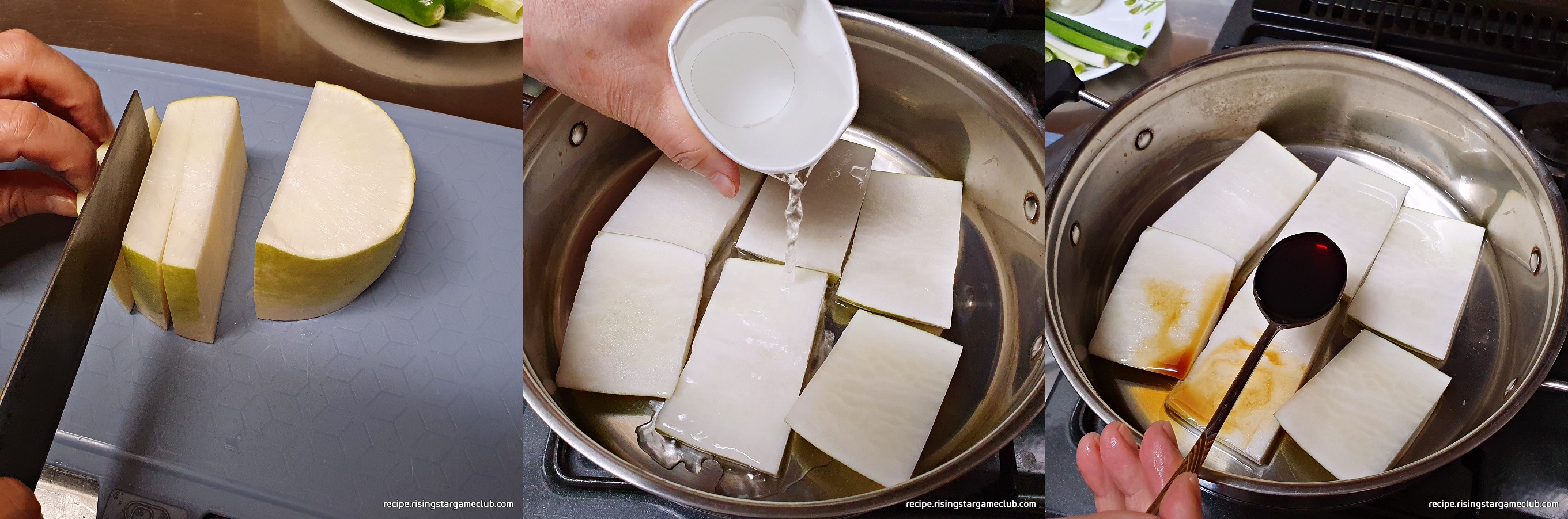 고등어무조림에 들어갈 무를 썰어서 조림을 할 냄비에 깔고 물과 간장을 넣는 사진