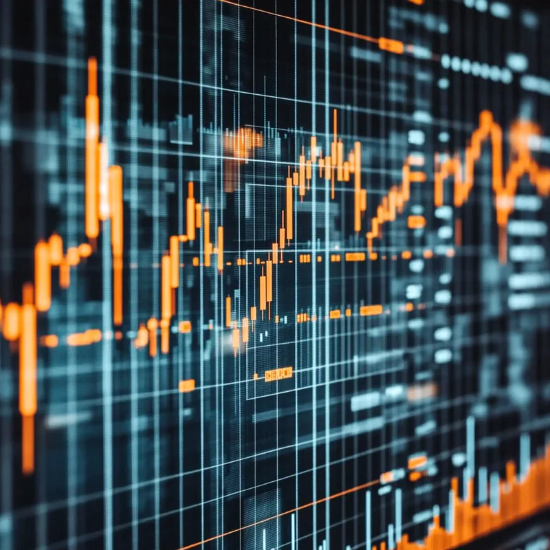 투자자가 AI 관련 산업을 중심으로 주식 차트를 분석하며 야망과 전문성을 고취하는 장면.