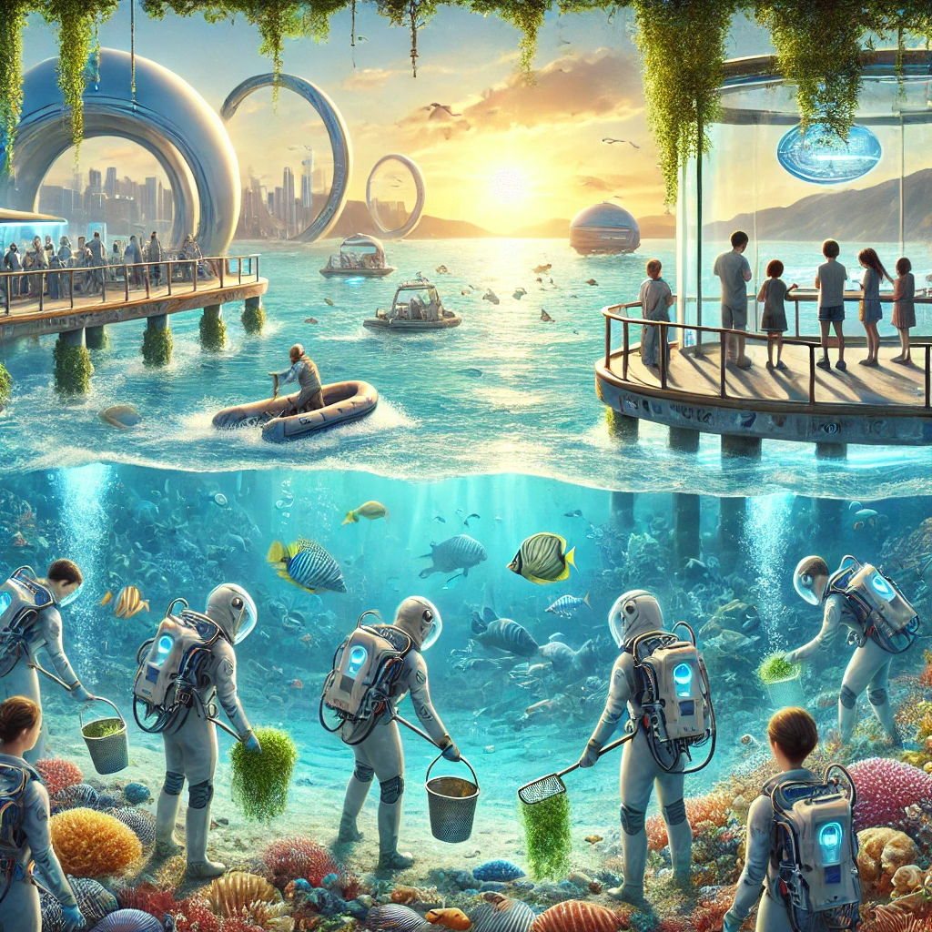 인간이 바다를 지키고 미래를 기대한다는 사진