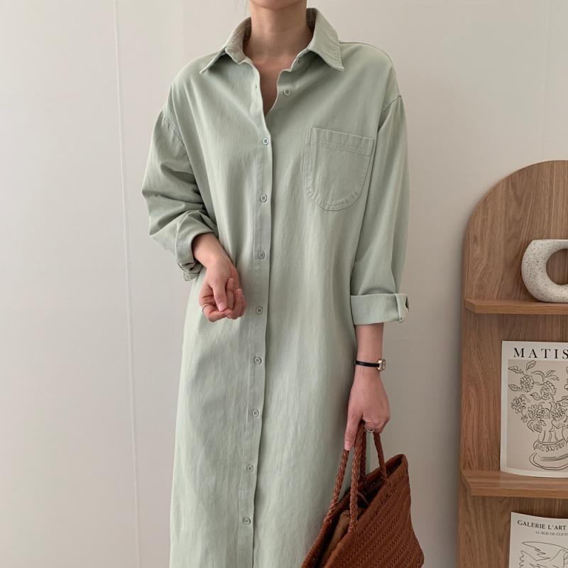 723 가을 탄탄한 면 루즈핏 포켓 롱 셔츠 원피스 가을 민트