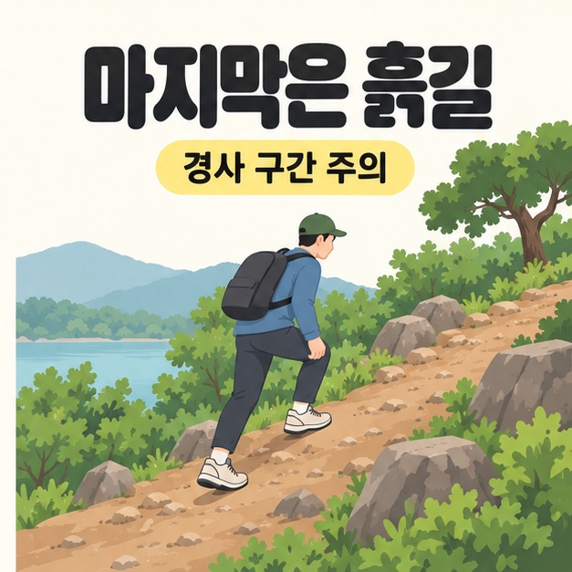 마지막은 흙길과 경사 구간 주의 문구 아래 운동화를 신은 방문객이 돌이 섞인 경사진 흙길을 오르는 삽화