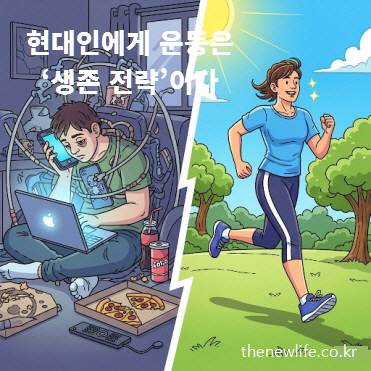 &quot;Reasons to exercise - A sedentary modern lifestyle leads to muscle loss, poor circulation, and faster aging. Regular exercise is essential for survival./운동을 해야 하는 이유 – 현대인의 앉아 있는 생활습관은 근육 손실, 혈액순환 저하, 빠른 노화를 유발하며 운동은 생존을 위한 필수 조건임