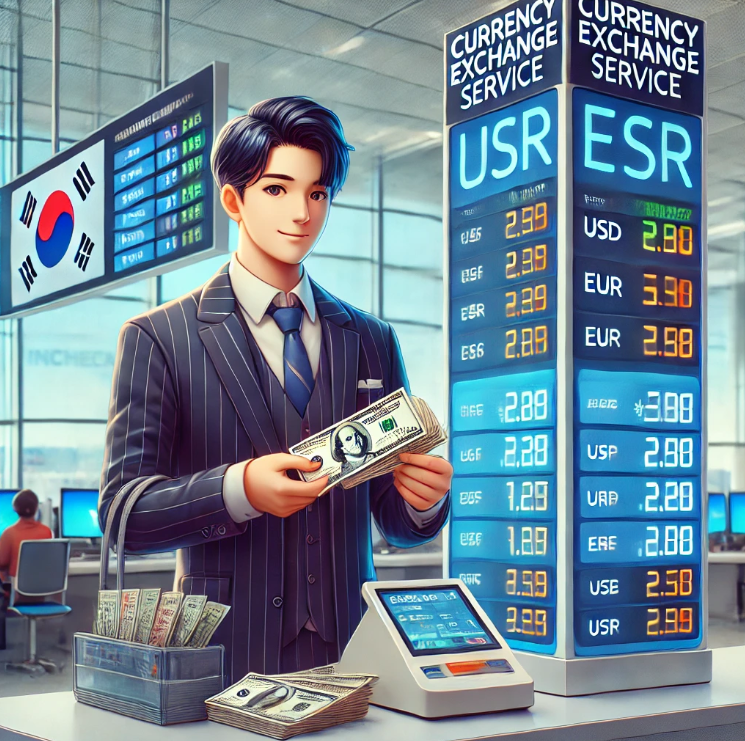 인천공항 환전소에서 외화를 수령하는 외국인의 모습