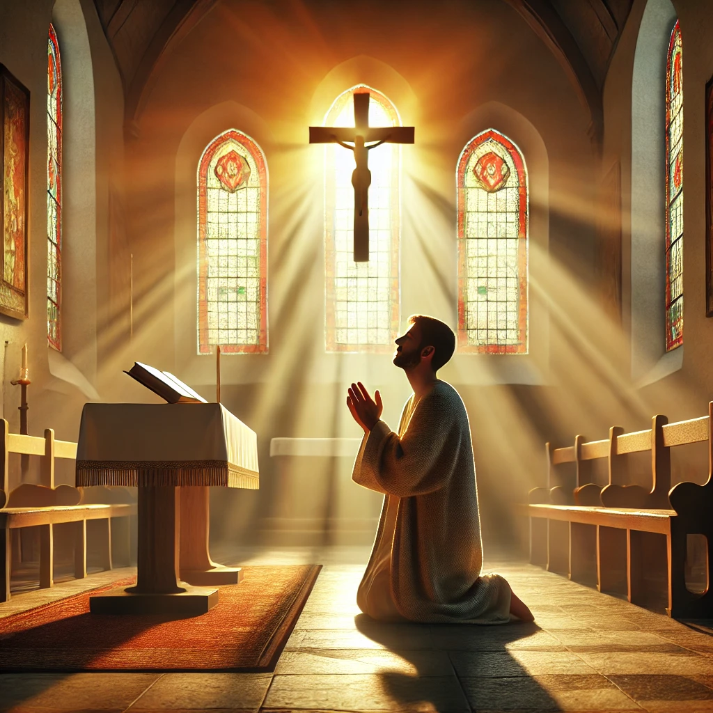 Here is the illustration of a person deeply engaged in prayer and thanksgiving, reflecting on Jesus' sacrifice and salvation with reverence and gratitude.