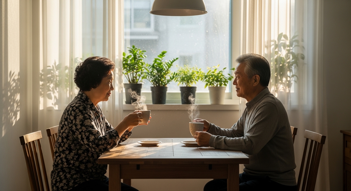 아침 햇살이 드는 식탁에서 커피를 마시는 노부부