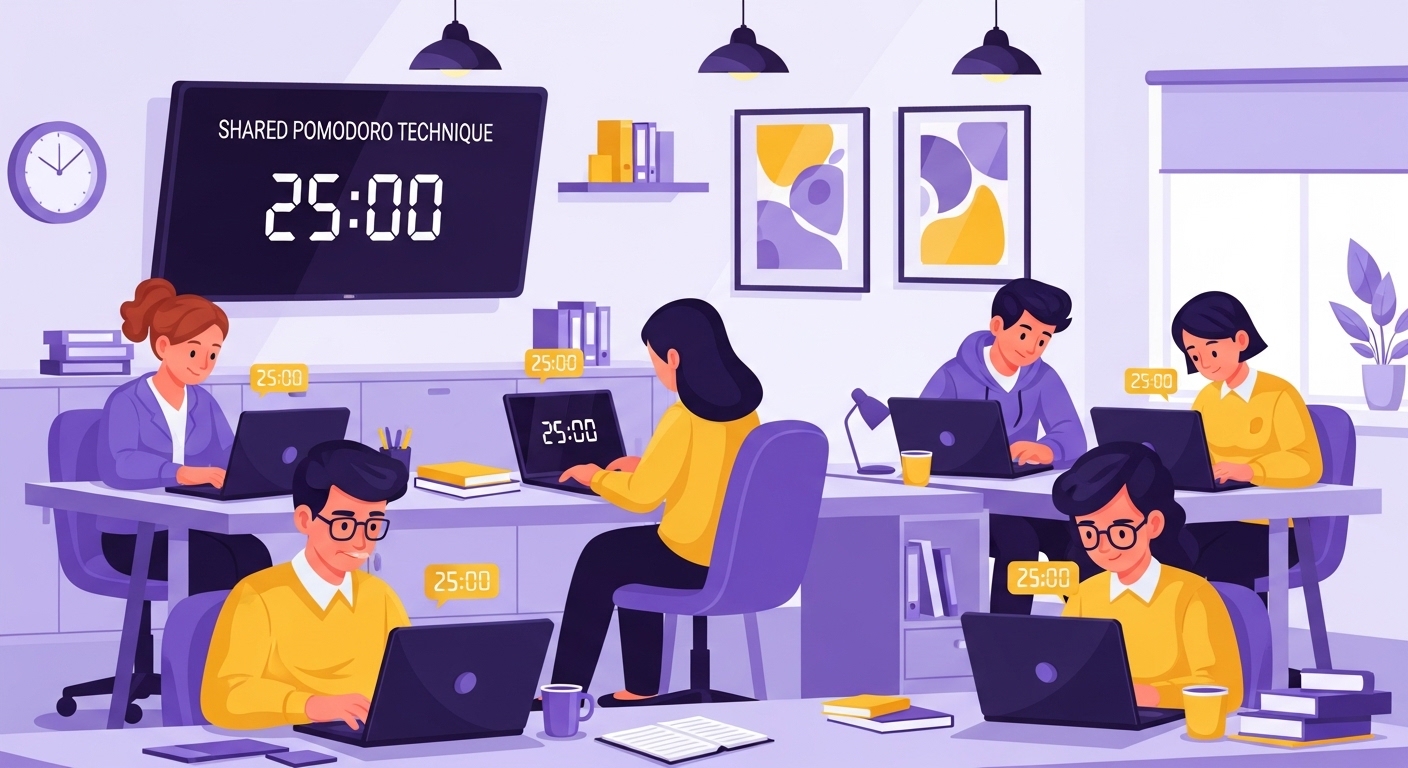 팀원들이 각자의 자리에서 뽀모도로 테크닉에 맞춰 집중하여 협업하는 모습. 생산적인 팀워크를 강조한다.