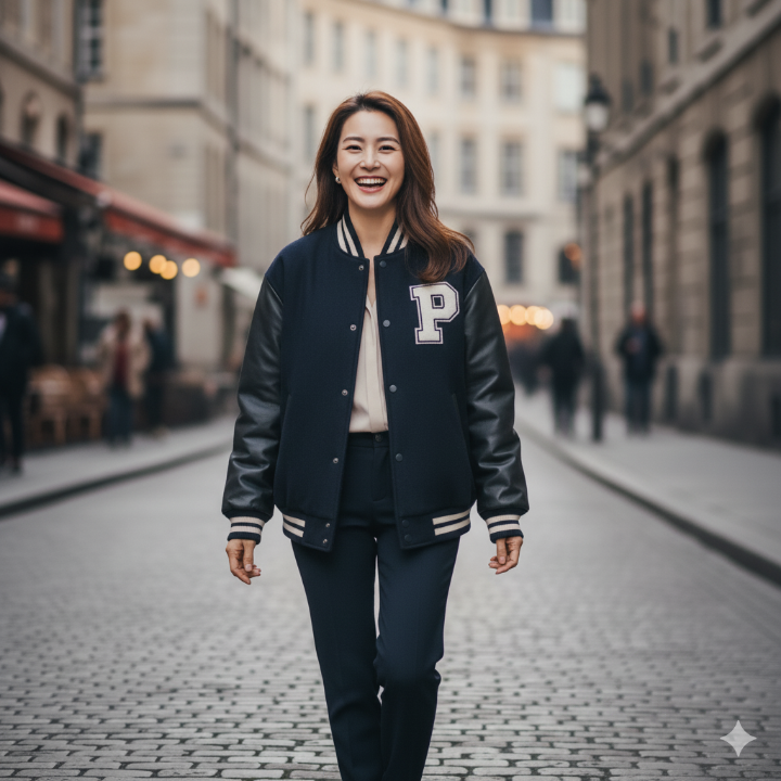 차분한 네이비 바시티 자켓을 입고 밝게 웃고 있는 40대 여성