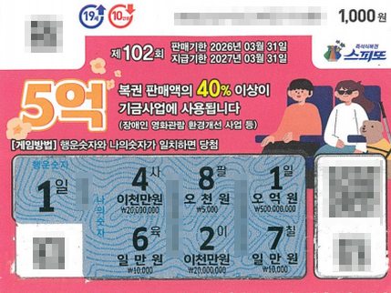 스피또1000 102회 1등 당첨복권