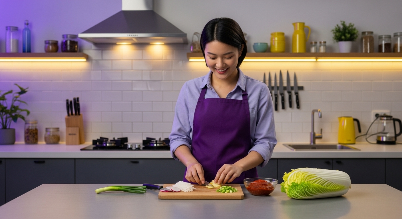 2025년 김장철, 보라색 앞치마를 두른 1인 가구 여성이 깔끔한 주방에서 싱싱한 배추와 소량의 양념으로 김치를 즐겁게 버무리는 모습