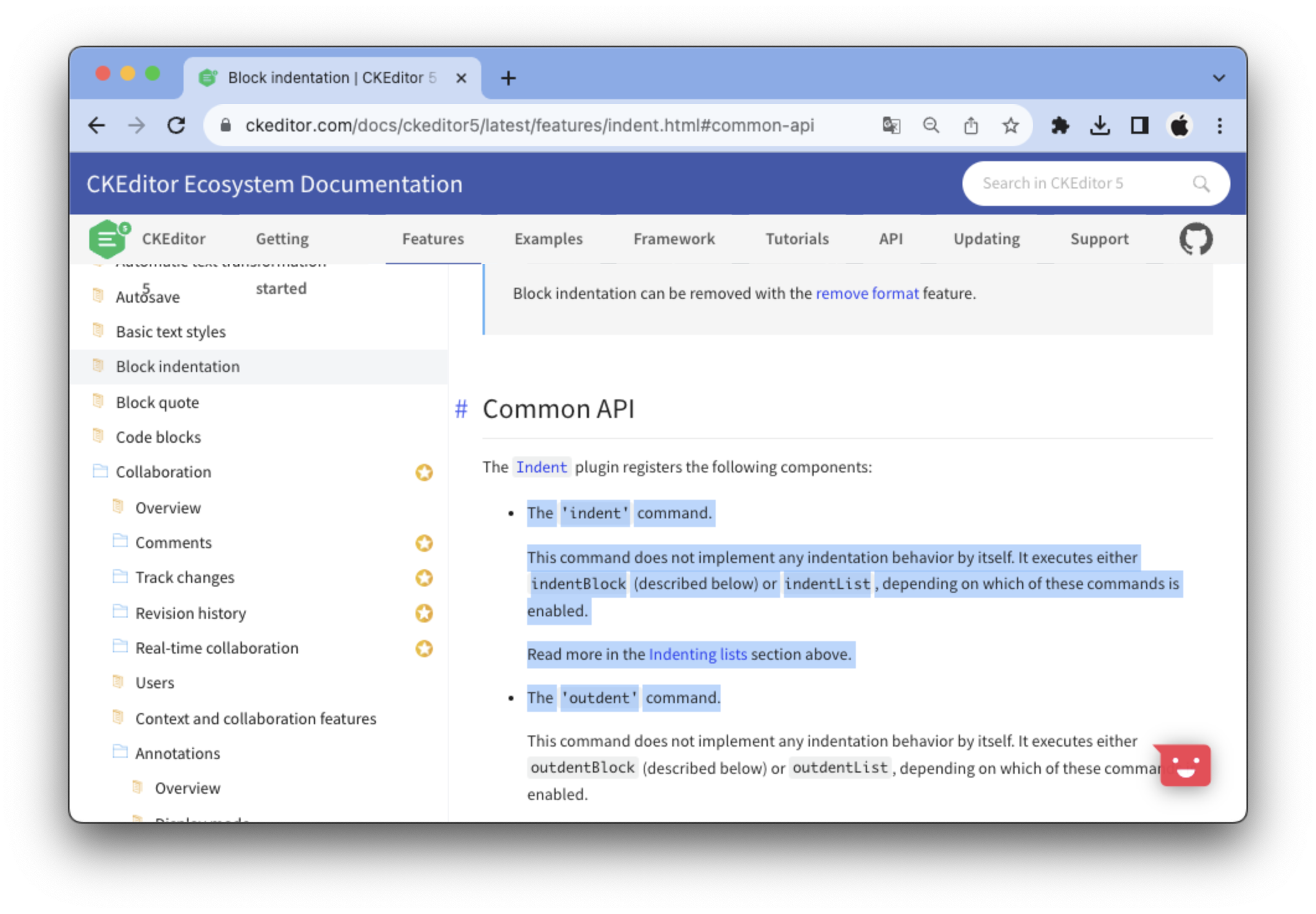 CKEditor 공식 문서에서 툴바 명령어 코드 확인 화면 (1)