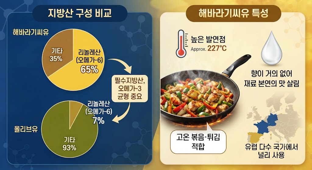 해바라기씨유와 올리브유, 무엇이 다를까요? '식용유의 경제학' 이번 편에서는 두 기름의 지방산 구성을 전격 비교합니다. 해바라기씨유의 핵심 성분인 리놀레산(오메가-6)의 함량(약 65%)을 인포그래픽으로 확인하고, 필수지방산의 의미와 오메가-3와의 균형에 대한 최신 영양학적 견해를 알기 쉽게 설명합니다. 또한 227°C에 달하는 높은 발연점과 무향이라는 특성이 고온 요리와 재료 본연의 맛을 살리는 데 어떻게 유리한지 분석합니다. 유럽에서 사랑받는 대표 식용유, 해바라기씨유의 모든 것을 확인해보세요.