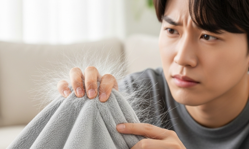 정전기가 심한 극세사 이불을 보며 난감해하는 남성의 모습