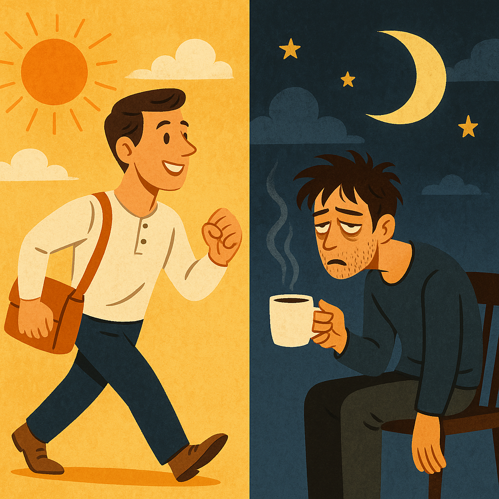 아침형 인간과 저녁형 인간들의 모습을 대조적으로 나타내는 사진