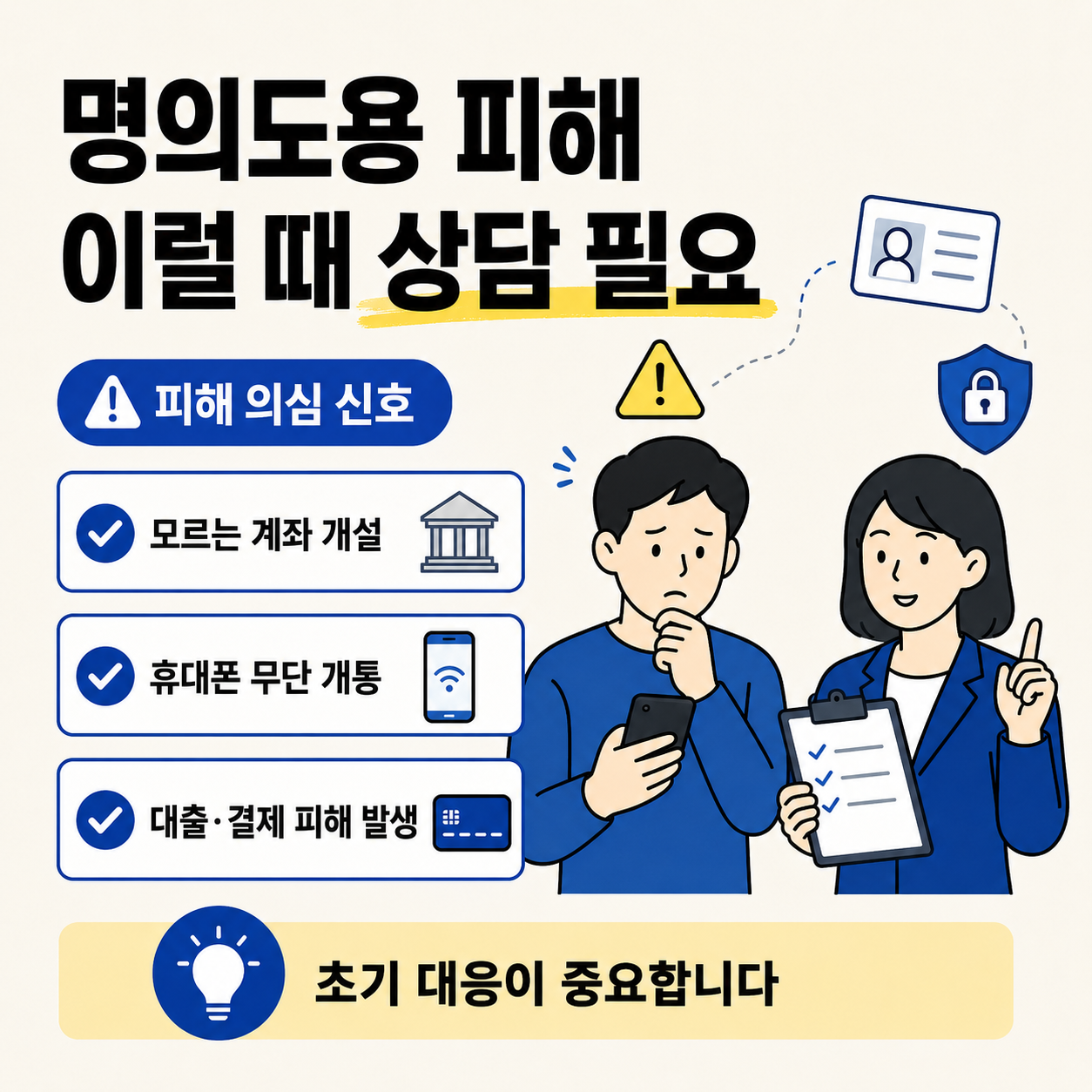명의도용 피해가 의심될 때 법률상담이 필요한 상황으로 모르는 계좌 개설, 휴대폰 무단 개통, 대출 및 결제 피해 발생을 정리한 안내 이미지