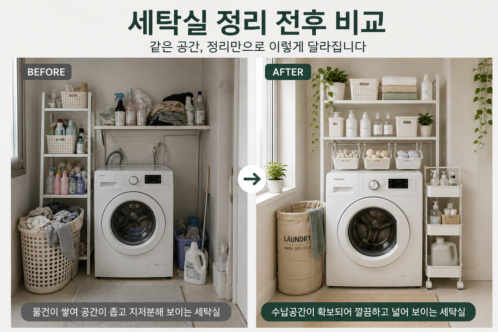 정리 전후를 비교한 세탁실 모습으로 수납 선반과 이동식 틈새수납장을 활용해 좁은 세탁실이 넓고 깔끔하게 바뀐 공간 비교 이미지