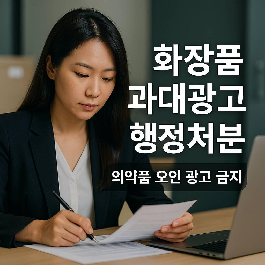 현대 사무실에서 한국인 전문가가 화장품 표시&middot;광고 문구와 후기 자료를 검토하며 의약품 오인 광고 금지 기준과 식품의약품안전처 행정처분 리스크를 점검하는 장면, 과대광고 예방 체크리스트와 안전한 대체 문구 전략을 강조.