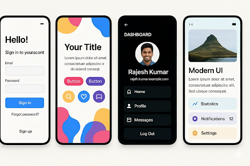 Galileo AI가 생성한 다양한 스타일의 모바일 앱 UI 디자인