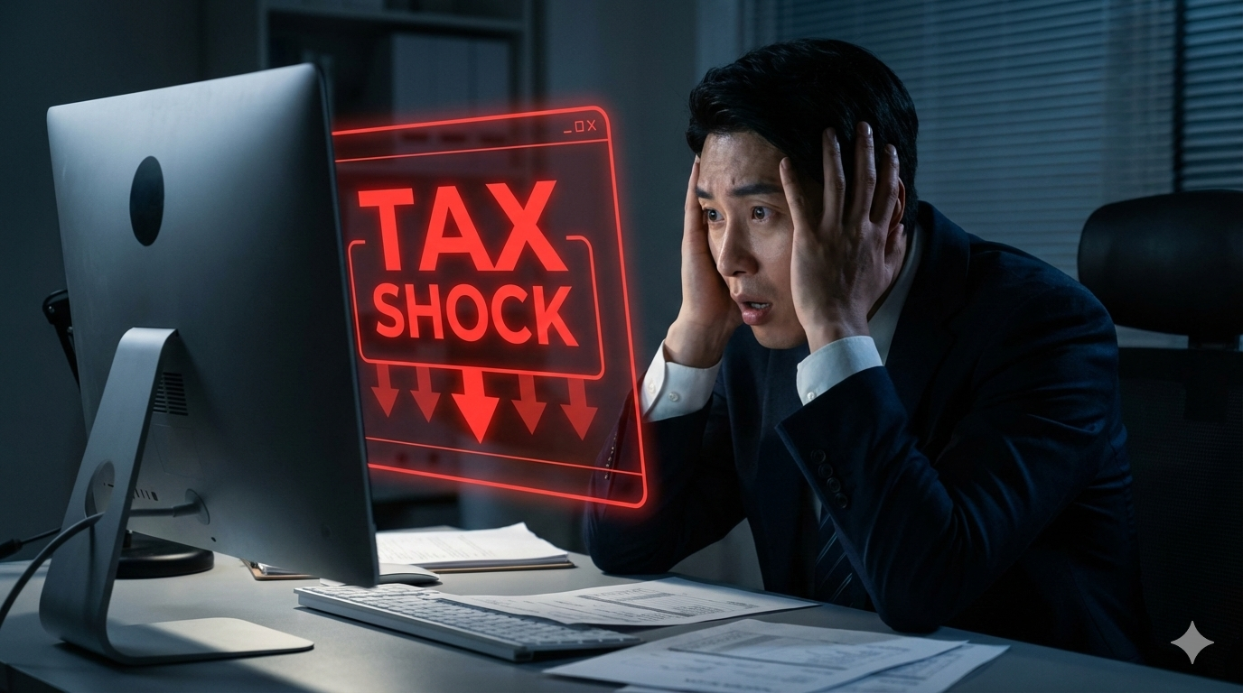 머리를 감싸 쥐고 고민하는 직장인과 그 옆에 '환급금 0원'이라는 경고 문구