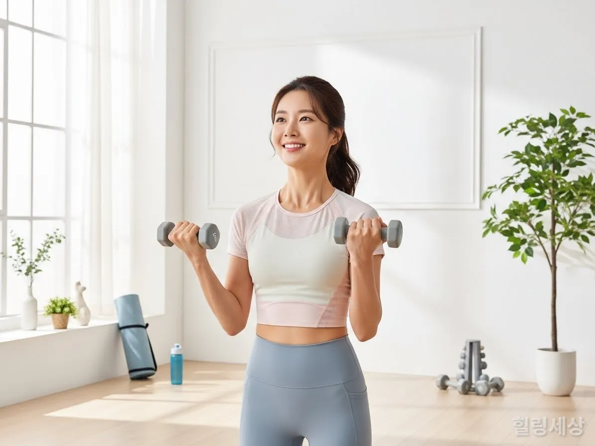 집에서 꾸준히 운동하는 한국 여성