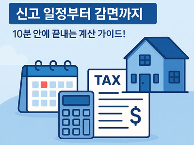 재산세 신고 일정부터 감면 신청까지 안내하는 계산 가이드 이미지. 계산기, 집 아이콘, '10분 안에 끝나는 재산 가이드!' 문구 포함.