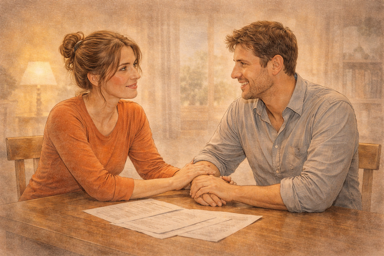 과거의 갈등을 반복하던 부부가 같은 식탁에 마주 앉아 서로의 손을 잡고 차분하게 대화를 나누는 모습의 관계 회복 장면 삽화