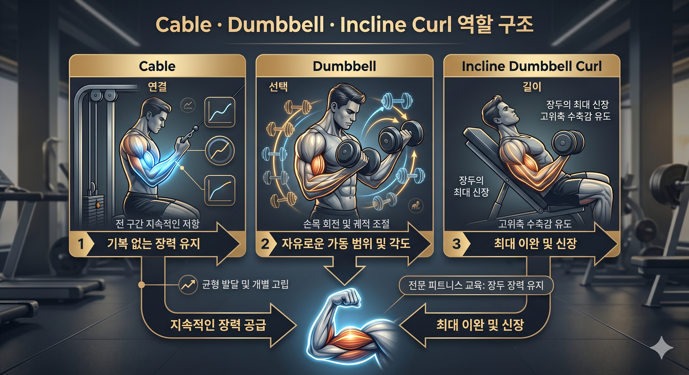 Cable &middot; Dumbbell &middot; Incline Curl 역할 구조
