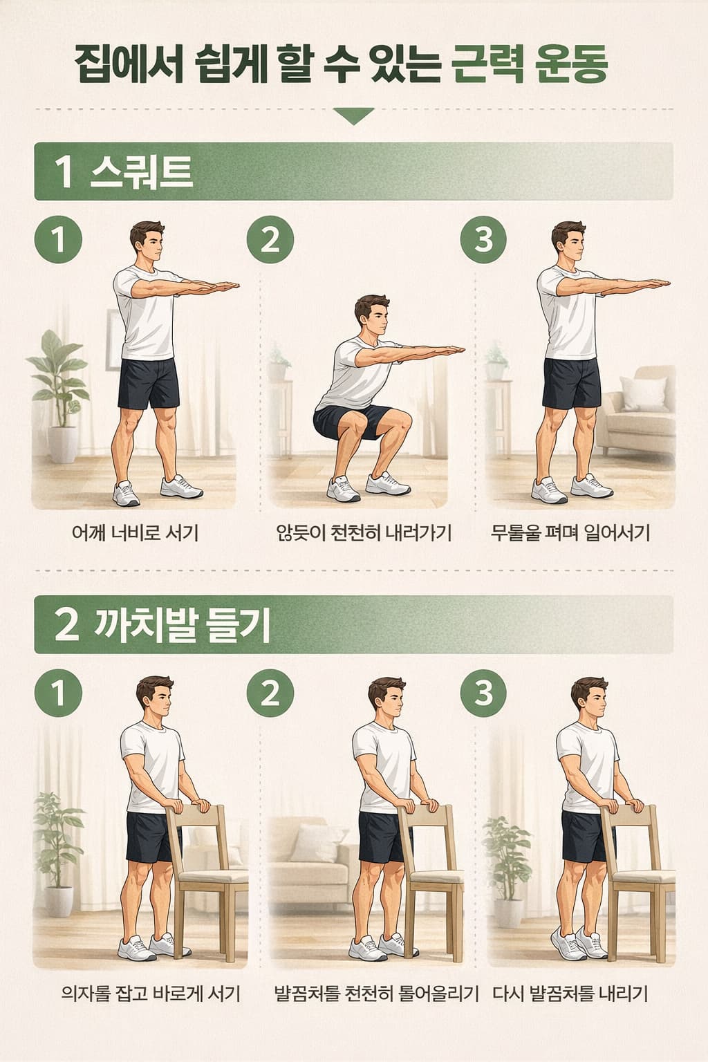 근감소증 예방을 위한 집에서 하는 스쿼트와 까치발 들기 운동 방법