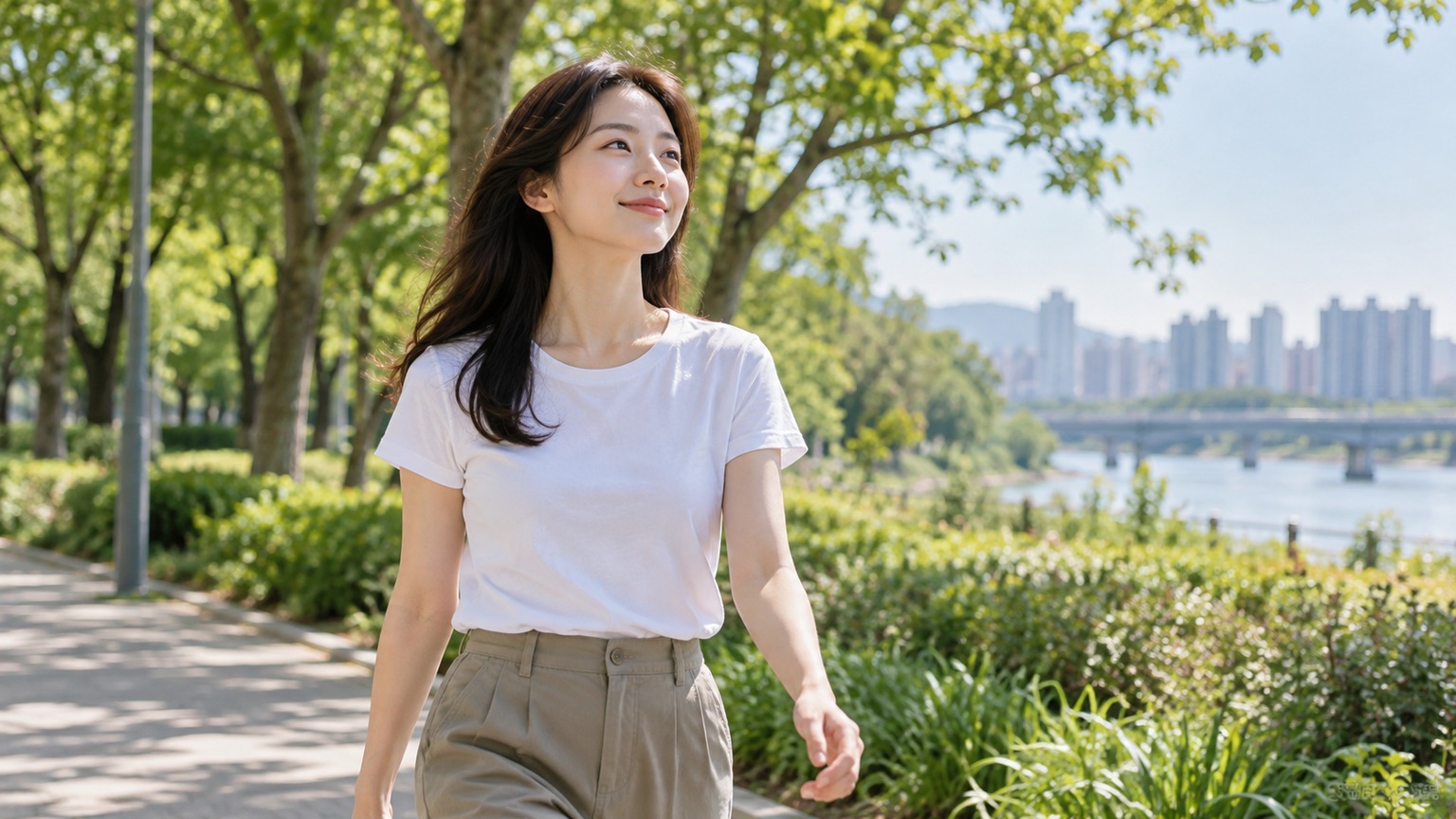 맑은 날 야외 공원을 걸으며 자연스럽게 햇빛을 받는 성인