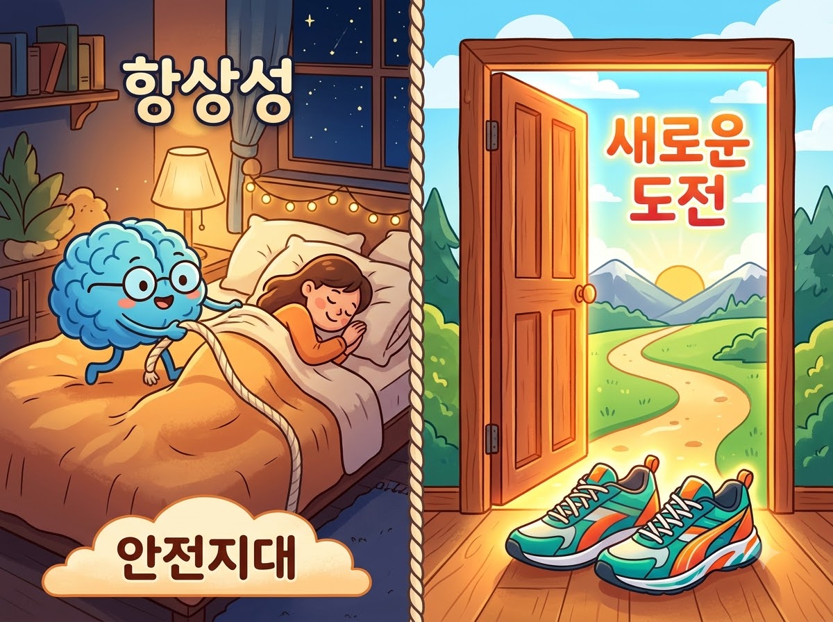 우리의 뇌가 항상성을 유지하기 위해 아침 운동 대신 침대로 사람을 끌어당기는 현상을 비유적으로 묘사한 뇌과학 일러스트