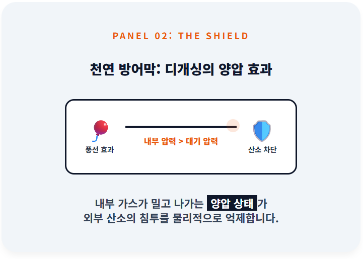 원두 내부의 이산화탄소 압력이 외부 산소의 침투를 물리적으로 차단하는 양압 보호막 효과를 풍선 비유로 설명하는 다이어그램. 내부 압력이 대기압보다 높게 유지되는 동안 산화가 억제되는 원리를 묘사함.