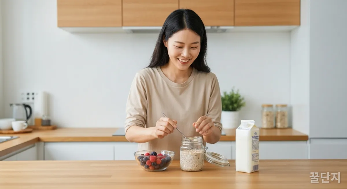 주방에서 오버나이트 오트밀을 준비하는 한국 여성