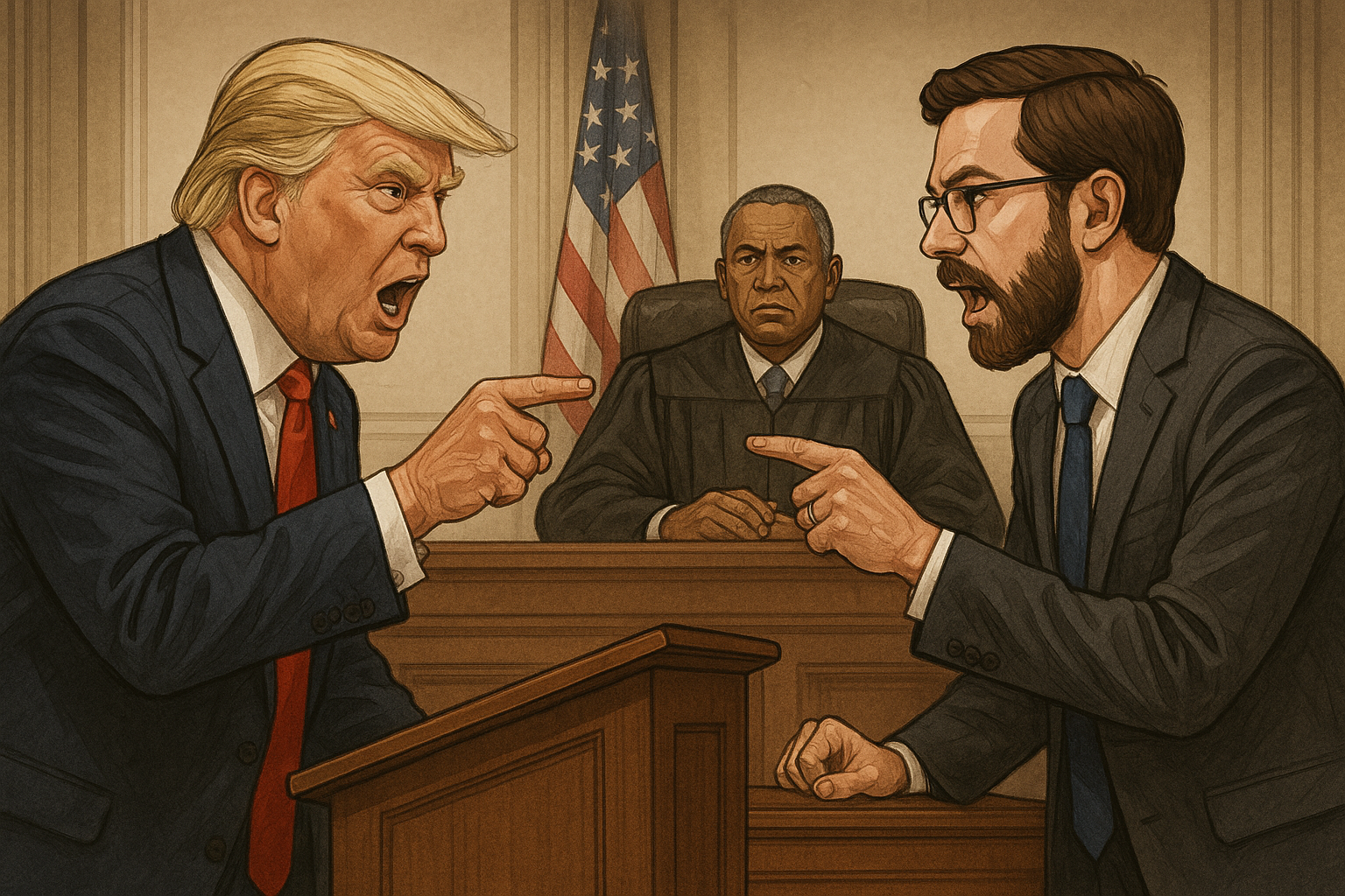 트럼프 대통령과 소송대리인이 판사 앞에서 있는 모습