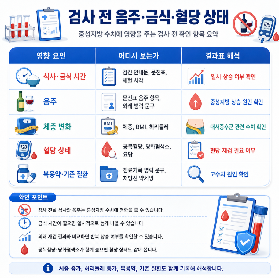 검사 전 음주, 금식 시간, 체중 변화, 혈당 상태, 복용약과 기존 질환이 중성지방 수치에 미치는 영향을 정리한 메디컬 인포그래픽