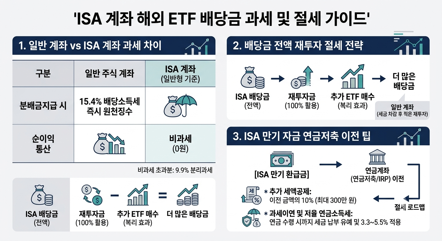 ISA 계좌 해외 ETF 배당금 비과세 혜택과 원천 재투자 복리 효과 및 연금저축 이전 절세 가이드 인포그래픽