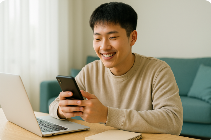 보험료 자동이체를 설정하며 스마트폰을 사용하는 청년. 절약과 금융관리의 긍정적인 이미지 전달