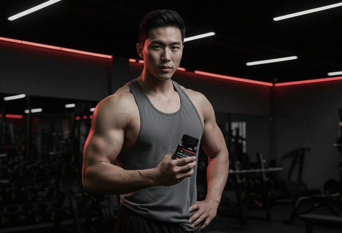 Korean Asian man taking supplement before morning workout