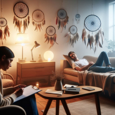 꿈의 해석과 기록을 위한 편안한 공간에서 작업하는 남자
