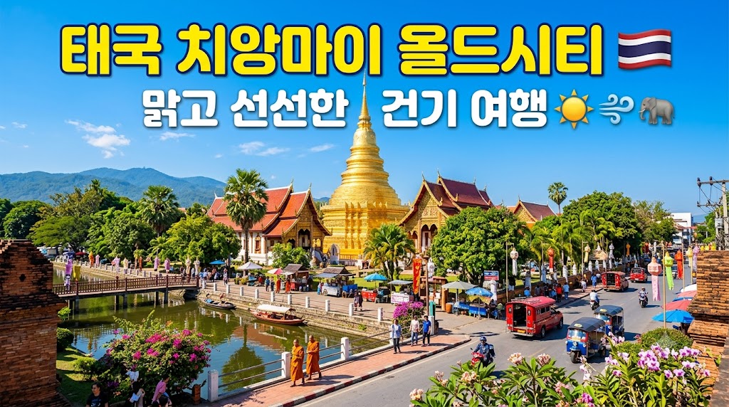 파란 하늘 아래 치앙마이 올드시티 사찰과 초록빛 나무들