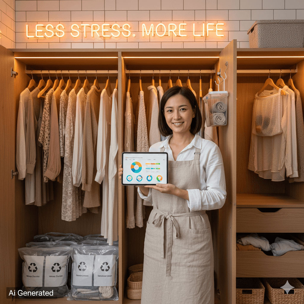 압축 파우치와 효율적인 수납 시스템으로 정리된 옷장 앞에 서 있는 전문가의 모습