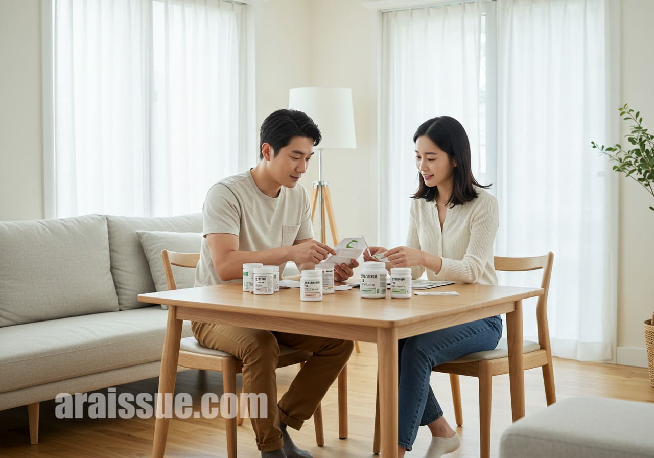 한국인 부부가 거실 테이블에 다양한 영양제를 놓고 성분표를 읽으며 진지하게 대화하는 모습이다. 신중한 선택의 과정을 상징적으로 보여준다.