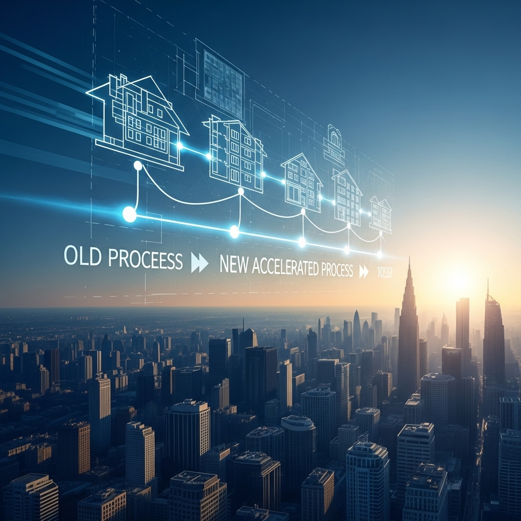 공공주택특별법 개정으로 보상 절차가 1년 단축되어 신속하게 주택이 공급되는 미래 도시의 모습. 건설 현장과 주거 단지가 조화롭게 어우러진 희망찬 풍경.