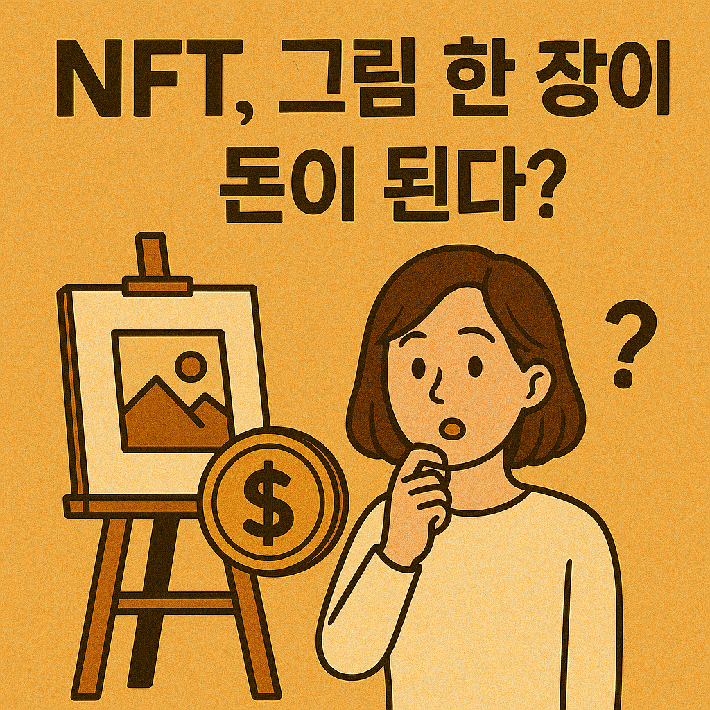 NFT로 그림 한 장이 돈이 되는 개념을 표현한 일러스트 썸네일, 여성 캐릭터와 디지털 아트, 달러 기호 포함