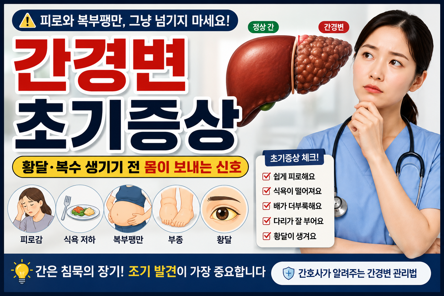간경변 초기증상과 황달&middot;복부팽만&middot;부종 위험 신호를 설명하는 간질환 건강정보 썸네일 이미지