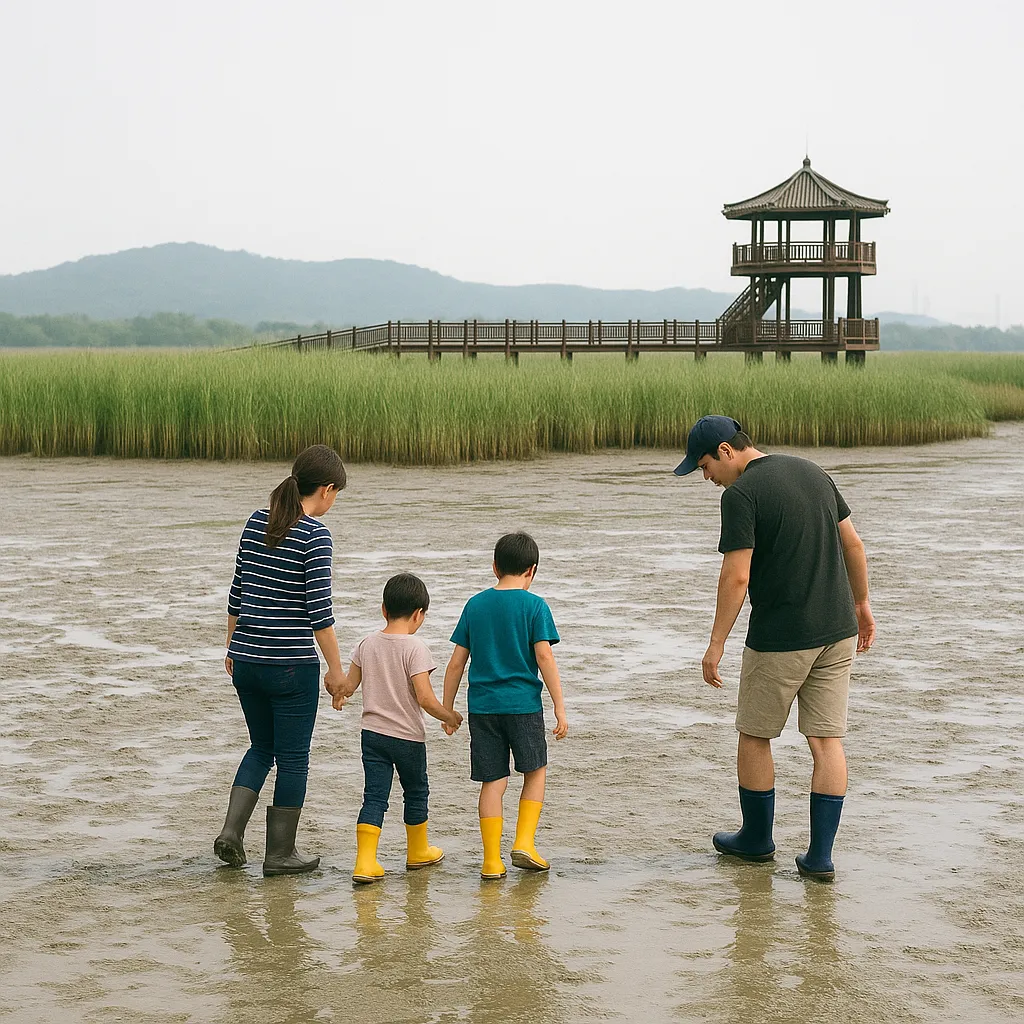 시흥갯골생태공원에서 장화를 신고 갯벌을 탐험하는 가족 모습