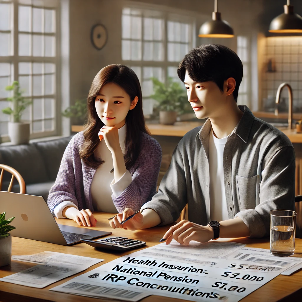 건강보험료&amp;#44; 국민연금&amp;#44; IRP 공제 전략을 논의하는 한국인 부부