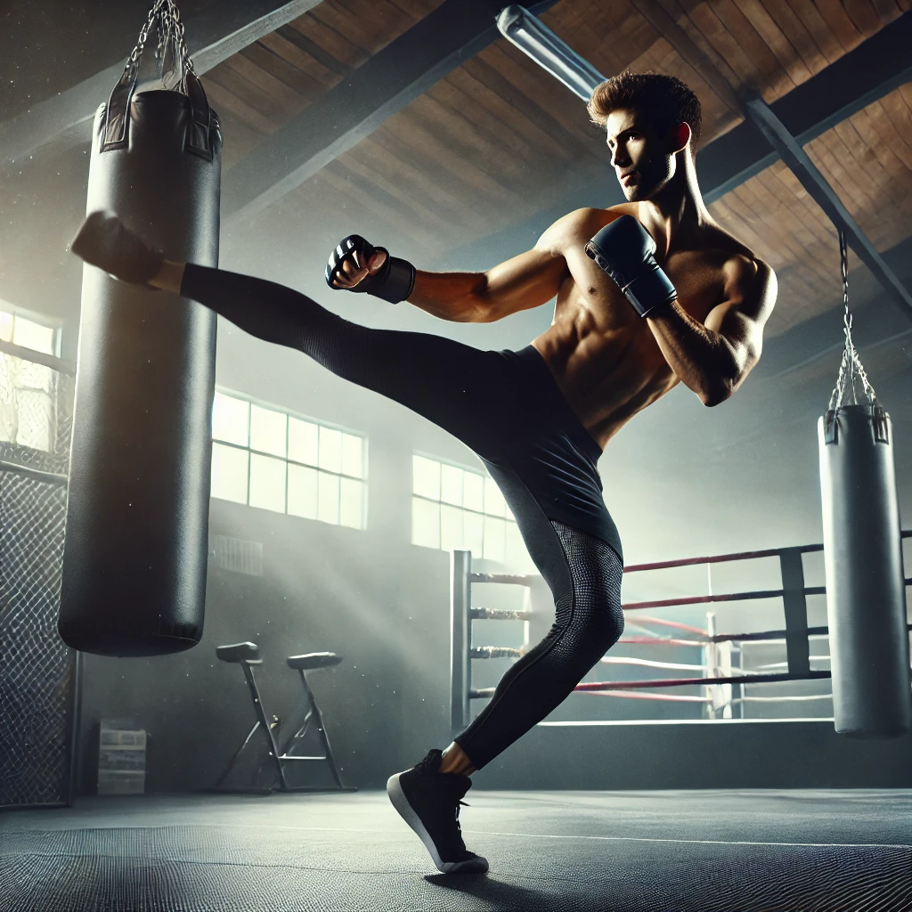 킥복싱 선수가 프로페셔널한 체육관에서 하이킥을 수행하는 모습, 복싱 글러브와 운동복을 착용하고 배경에는 복싱 링과 샌드백이 배치된 역동적인 장면